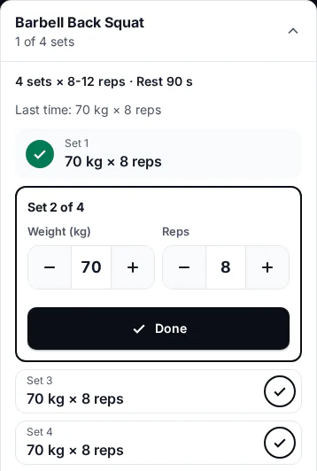 Training session interface with illustrative data
