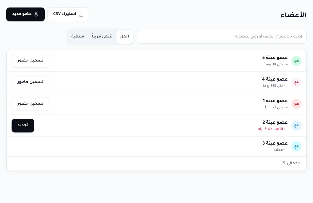 قائمة الأعضاء وحالة عضوياتهم ببيانات توضيحية