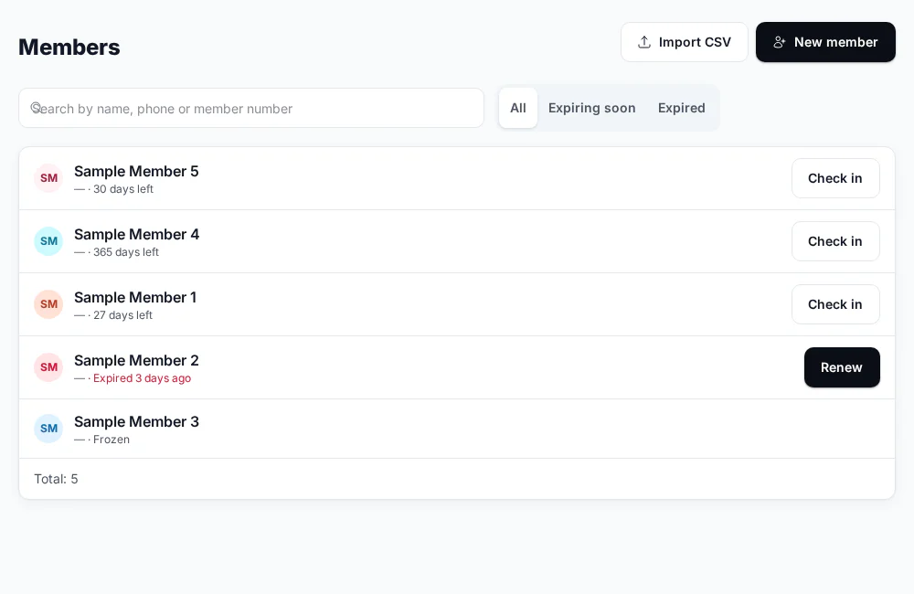 Member list with membership status, using illustrative data