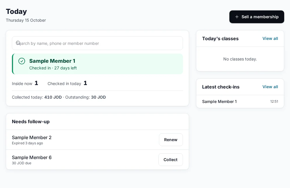 Front-desk check-in with illustrative data