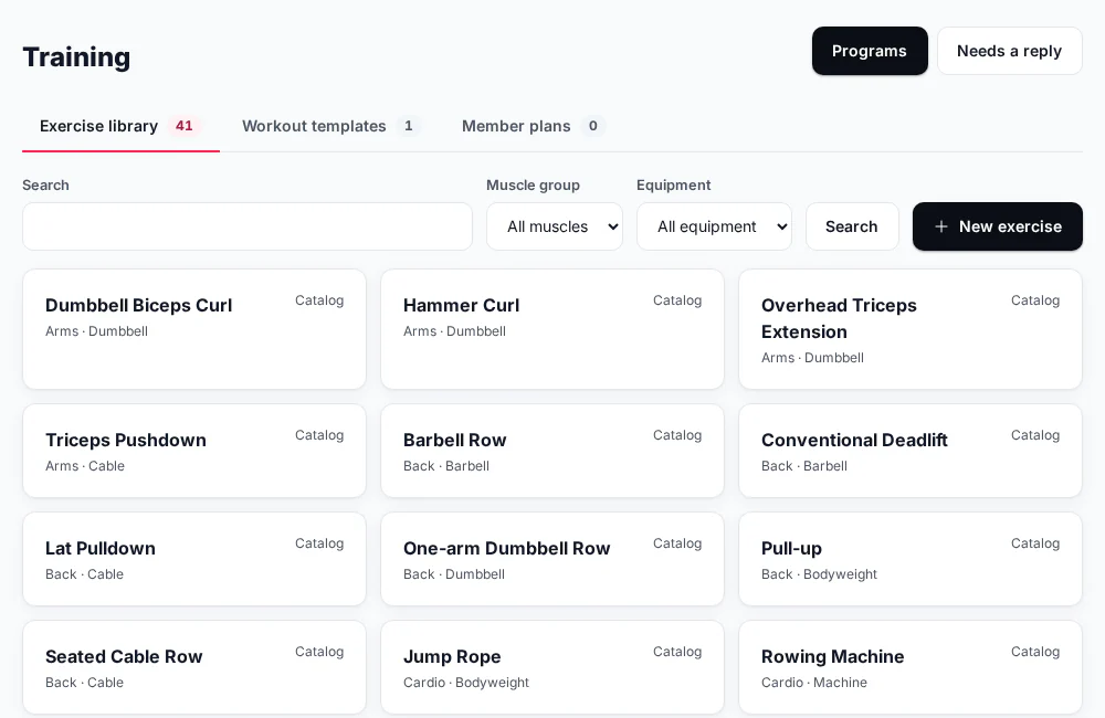 Exercise library with illustrative data